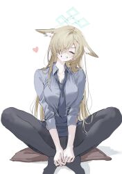 Rule 34 | 1girl, animal ears, black pantyhose, blue archive, crossed legs, dog ears, hair over one eye, kanna (blue archive), long hair, necktie, oh (aung ae), pantyhose, shirt, sitting, smile, solo, very long hair