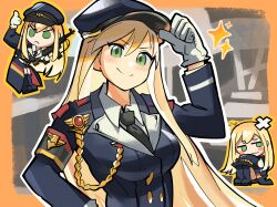 Rule 34 | adjusting clothes, adjusting headwear, armband, assault rifle, belt, blonde hair, boots, chesed (uporyz), chibi, commission, commissioner upload, girls&#039; frontline, gloves, green eyes, gun, hand on own hip, hat, highres, looking at viewer, military hat, military uniform, necktie, rifle, shirt, skeb commission, smile, stg44, stg44 (girls&#039; frontline), thumbs up, uniform, weapon, white gloves, white shirt
