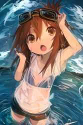 Rule 34 | 1girl, absurdres, alternate costume, bikini, bikini top only, black shorts, brown eyes, brown hair, cloud, day, folded ponytail, goggles, goggles on head, hair between eyes, highres, inazuma (kancolle), kaamin (mariarose753), kantai collection, outdoors, ponytail, see-through, shirt, short sleeves, shorts, sky, solo, sparkle, swimsuit, wading, water, wet, wet clothes, white shirt
