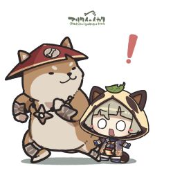 ! 1girl arikuigames1105 chibi dog genshin_impact highres hood leaf leaf_on_head sayu_(genshin_impact) shocked_pupils surprised tanuki_ears taroumaru_(genshin_impact) white_background