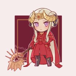 Rule 34 | 1girl, axe, aymr (fire emblem), blonde hair, blue eyes, blush, cape, chibi, crown, edelgard von hresvelg, fire emblem, fire emblem: three houses, gloves, hair ornament, heroes relic (fire emblem), highres, horns, long hair, looking at viewer, mano (m1n0f2e1), nintendo, red cape, simple background, solo