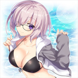 Rule 34 | 1girl, alternate costume, bikini, bikini under clothes, black-framed eyewear, black bikini, black ribbon, blush, breasts, cleavage, closed mouth, collarbone, fate/grand order, fate (series), front-tie bikini top, front-tie top, glasses, hair over one eye, highres, jacket, large breasts, long sleeves, looking at viewer, mash kyrielight, open clothes, open jacket, puppet, ribbon, short hair, sleeves past wrists, smile, solo, sparkle, swimsuit, track jacket, upper body, water, white jacket, yoshida takuma