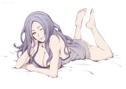 Rule 34 | 1girl, arm support, bad id, bad pixiv id, barefoot, belinda, black sclera, breasts, cleavage, collarbone, colored sclera, feet, full body, large breasts, lipstick, long hair, looking at viewer, lying, makeup, on stomach, one eye closed, purple hair, purple lips, simple background, soles, solo, the pose, toes, unlight, vasily (run211), white background, wink, yellow eyes