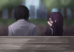 Rule 34 | 1boy, 1girl, ageha (ray-k), black hair, blurry, blurry background, commentary, day, eyepatch, from behind, long hair, looking at another, original, outdoors, purple hair, ray-k, red eyes