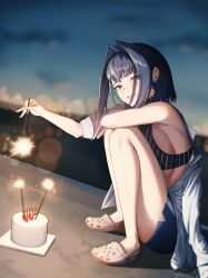 Rule 34 | 1girl, absurdres, artist name, birthday cake, blue eyes, blue hair, blurry, blurry background, bokeh, bow, bow earrings, breasts, cake, commentary, crocs, depth of field, dutch angle, earrings, english commentary, fireworks, food, grin, hair intakes, highres, hololive, hololive english, jewelry, large breasts, looking at viewer, ouro kronii, short hair, sideboob, smile, solo, sparkler, squatting, virtual youtuber, zenya