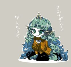 Rule 34 | 1girl, :3, alternate costume, animal ears, commentary request, curly hair, full body, grey background, heart, horns, komano aunn, long hair, pale skin, pantyhose, sandals, simple background, single horn, sitting, slit pupils, solo, sparkle, sweater, touhou, translation request, very long hair, wavy hair, yt (wai-tei)