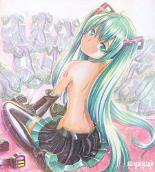 Rule 34 | 1girl, back, boots, detached sleeves, green eyes, green hair, hatsune miku, headphones, long hair, looking back, matching hair/eyes, mayo riyo, sitting, skirt, solo, thigh boots, thighhighs, topless, twintails, very long hair, vocaloid, wariza