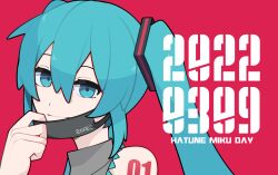 Rule 34 | 1girl, absurdres, blue eyes, blue hair, closed mouth, collared shirt, commentary request, dated, grey shirt, hair between eyes, hair ornament, hatsune miku, highres, long bangs, long hair, looking at viewer, mask, mask pull, miku day, mouth mask, red background, shirt, simple background, sleeveless, sleeveless shirt, smile, solo, twintails, uziki ntoki, vampire (vocaloid), vocaloid
