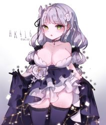 Rule 34 | 1girl, alternate hairstyle, artist name, bare arms, bare shoulders, black bow, black choker, black gloves, black thighhighs, blunt bangs, blush, bow, breasts, character name, choker, cleavage, collarbone, constellation, dress, flower, framed breasts, gem, girls&#039; frontline, gloves, gradient background, green eyes, hair flower, hair ornament, hair ribbon, highres, hk416 (girls&#039; frontline), hk416 (starry cocoon) (girls&#039; frontline), jewelry, large breasts, layered dress, long hair, looking at viewer, low-tied long hair, multi-tied hair, official alternate costume, open mouth, pendant, petals, purple dress, purple hair, purple skirt, ribbon, rose, rose petals, skirt, skirt hold, solo, strapless, strapless dress, thighhighs, thighs, very long hair, white flower, white rose, yomi yojo