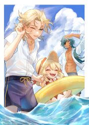Rule 34 | 1girl, 2boys, :d, ^ ^, ahoge, albedo (genshin impact), arm up, artist name, blonde hair, blue eyes, blue hair, blue shorts, blue sky, blush, border, buttons, closed eyes, cloud, cloudy sky, collarbone, collared shirt, commentary, dark-skinned male, dark skin, day, dress, dress swimsuit, earrings, english commentary, eyelashes, eyepatch, genshin impact, green eyes, hair between eyes, hair over shoulder, hand up, happy, hat, highres, holding hands, innertube, jewelry, kaeya (genshin impact), klee (genshin impact), laughing, light brown hair, long hair, looking at another, low ponytail, low twintails, male swimwear, medium hair, multicolored hair, multiple boys, navel, one eye closed, one eye covered, open clothes, open mouth, open shirt, outdoors, outside border, parted bangs, parted lips, pectorals, pointy ears, ponytail, red dress, ribbon, shirt, shirt tucked in, short sleeves, shorts, sky, sleeveless, sleeveless dress, smile, snifflesmp4, standing, stomach, streaked hair, sun hat, swim ring, swim trunks, teeth, twintails, twitter username, upper teeth only, wading, water, watermark, waves, white border, white ribbon, white shirt, yellow innertube