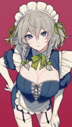 Rule 34 | 1girl, absurdres, apron, blue eyes, blue shirt, blue skirt, bow, braid, breasts, cleavage, cross-laced clothes, cross-laced top, elbow gloves, garan co, garter straps, gloves, green bow, grey hair, hand on own hip, highres, izayoi sakuya, large breasts, leaning forward, maid, maid apron, maid headdress, miniskirt, pencil skirt, puffy short sleeves, puffy sleeves, red background, shirt, short hair, short sleeves, simple background, skirt, solo, thighhighs, touhou, twin braids, waist apron, white gloves, white thighhighs, wings