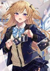 Rule 34 | 1girl, black ribbon, blazer, blonde hair, blue bow, blue bowtie, blue skirt, blush, bow, bowtie, character request, commentary request, copyright request, cover, cover page, hair ribbon, highres, holding, holding photo, jacket, kurousagi yuu, long hair, looking at viewer, novel cover, novel illustration, official art, open mouth, photo (object), plaid, plaid bow, plaid bowtie, plaid neckwear, plaid skirt, purple eyes, ribbon, school uniform, skirt, solo, teeth, textless version, two side up