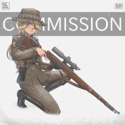 Rule 34 | 1girl, absurdres, artist name, bandages, black gloves, blonde hair, blue eyes, bolt action, boonie hat, boots, brown hat, collared jacket, commission, copyright request, english text, eyepatch, gloves, gun, hair over one eye, hat, highres, jacket, knee boots, long hair, looking at viewer, military, military jacket, military uniform, on one knee, pants, pants tucked in, puto trash, rifle, scope, single glove, snow, solo, uniform, weapon, weapon request