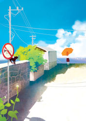 Rule 34 | cat, dingyiyi, flower, ocean, original, pole, power lines, school uniform, shadow, sign, solo, umbrella