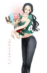 Rule 34 | 1girl, alternate hairstyle, black hair, breasts, carrying, chikichiki (robitema), cleavage, green shirt, groin, large breasts, lipstick, long hair, makeup, nico robin, one piece, shirt, tony tony chopper, translated