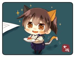 Rule 34 | 1girl, animal ears, apple rabbit, artist name, blue hakama, blush, brown eyes, brown hair, cat ears, cat tail, chibi, commentary request, food, food art, from above, hakama, hakama short skirt, hakama skirt, japanese clothes, kaga (kancolle), kantai collection, kemonomimi mode, looking at viewer, mini person, minigirl, motion lines, open mouth, plate, shadow, side ponytail, skirt, smile, solo, sparkle, sparkling eyes, tail, taisa (kari)
