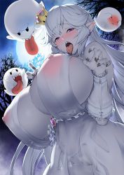 Rule 34 | 1girl, areola slip, boo (mario), breasts, cleavage, cleft of venus, covered erect nipples, dress, drooling, female pubic hair, fingernails, full moon, ghost pose, huge breasts, ion (cation), large areolae, long hair, luigi&#039;s mansion, mario (series), moon, new super mario bros. u deluxe, night, nintendo, nipples, pointy ears, princess king boo, pubic hair, purple eyes, pussy, pussy juice, saliva, see-through, sharp fingernails, sharp teeth, super crown, teeth, tongue, tongue out, very long hair, white dress, white hair