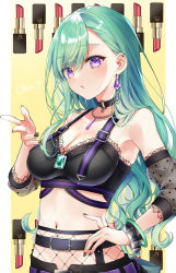 Rule 34 | 1girl, absurdres, bead necklace, beads, belt, black choker, black collar, black nails, breasts, bustier, choker, collar, cosmetics, detached sleeves, earrings, gem, green hair, hand on own hip, highres, jewelry, large breasts, lipstick tube, long hair, looking at viewer, mole, mole on breast, nail polish, navel, necklace, pome charo, purple belt, purple eyes, solo, stomach, swept bangs, virtual youtuber, vspo!, yakumo beni, yakumo beni (1st costume)