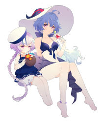 Rule 34 | 2girls, ahoge, alternate costume, anklet, bare legs, barefoot, bikini, bloomers, blue bikini, blue hair, blue one-piece swimsuit, blush, braid, braided ponytail, breasts, cleavage, closed mouth, cocktail umbrella, coconut, commentary, cup, drinking, drinking glass, drinking straw, expressionless, flower in drink, food, frilled swimsuit, frills, fruit, full body, ganyu (genshin impact), genshin impact, goat horns, hair between eyes, halterneck, hat, highres, holding, holding cup, holding food, holding fruit, horns, invisible chair, jewelry, legs together, light blue hair, light purple hair, lime (fruit), lime slice, long hair, looking at viewer, medium breasts, multiple girls, necklace, one-piece swimsuit, pearl necklace, pink eyes, purple eyes, qiqi (genshin impact), rumi (rarumi11), sailor hat, sarong, see-through, shell hair ornament, short hair with long locks, side-by-side, simple background, sitting, smile, sun hat, swimsuit, symbol-only commentary, underwear, white background, white headwear, wine glass