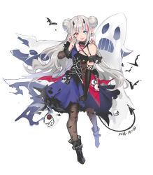 Rule 34 | 1girl, :d, animal, bare shoulders, bat (animal), black footwear, black gloves, black nails, blue dress, blue eyes, boots, brown pantyhose, chain, dated, demon horns, demon tail, double bun, dress, earrings, elbow gloves, fang, fingernails, ghost, girls&#039; frontline, gloves, hair bun, hand up, head tilt, heterochromia, highres, horns, jewelry, long hair, mdr (ghost trap) (girls&#039; frontline), mdr (girls&#039; frontline), nail polish, official alternate costume, open mouth, pantyhose, pointy ears, red eyes, rero (bigdoorbig2), side bun, silver hair, single elbow glove, single glove, smile, solo, tail, very long hair, white background