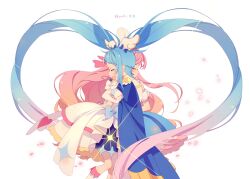 Rule 34 | 2girls, absurdly long hair, blue cape, blue hair, cape, closed eyes, commentary request, cure prism, cure sky, dress, earrings, elbow gloves, gloves, gradient hair, heart, highres, hirogaru sky! precure, jewelry, long hair, magical girl, multicolored hair, multiple girls, nijigaoka mashiro, pink hair, precure, qianxia yell, simple background, sora harewataru, standing, streaked hair, translation request, very long hair, white background, white dress, yuri