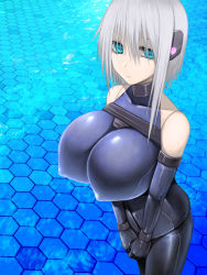 Rule 34 | 1girl, absurdres, aebafuti, aqua eyes, bare shoulders, bodysuit, breasts, elbow gloves, covered erect nipples, gloves, highres, huge breasts, impossible clothes, legs, looking at viewer, serious, short hair, silver hair, solo, standing, thighs