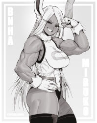 1girl absurdres animal_ears bare_shoulders biceps boku_no_hero_academia border breasts character_name clenched_hand covered_abs crescent_print flexing from_side fur_collar grey_background greyscale grin hand_on_own_hip highleg highleg_leotard highres large_breasts leotard long_eyelashes long_hair looking_at_viewer mirko monochrome muscular muscular_female parted_bangs rabbit_ears rabbit_girl revision sleeveless_turtleneck_leotard smile solo speedl00ver taut_leotard teeth thick_thighs thighhighs thighs twitter_username veins veiny_arms very_long_hair white_border