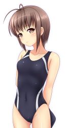 Rule 34 | 1girl, antenna hair, arms behind back, blush, breasts, brown eyes, brown hair, competition swimsuit, covered navel, highres, ki (kk-sk-ray), medium breasts, one-piece swimsuit, original, short hair, simple background, solo, swimsuit, white background