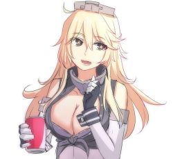 Rule 34 | 10s, 1girl, blonde hair, breasts, cleavage, coca-cola, gloves, headgear, highres, iowa (kancolle), kantai collection, large breasts, long hair, looking at viewer, lulu heika, open mouth, solo, star-shaped pupils, star (symbol), symbol-shaped pupils, uss iowa (bb-61)