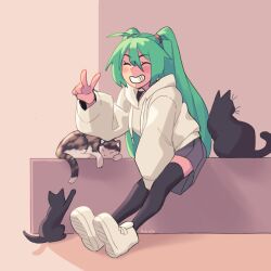 Rule 34 | 1girl, animal, artist name, black thighhighs, blush, cat, closed eyes, commentary, english commentary, facing viewer, green hair, grey skirt, grin, hand up, hatsune miku, highres, hood, hoodie, leaning forward, pleated skirt, rob ishi, sitting, skirt, smile, solo, teeth, thighhighs, twintails, v, vocaloid, white footwear, white hoodie