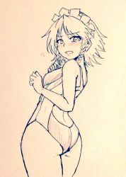 Rule 34 | 1girl, alternate costume, ass, bare legs, blush, braid, breasts, commentary request, competition swimsuit, covered navel, d-m (dii emu), embarrassed, eyelashes, greyscale, izayoi sakuya, looking at viewer, looking back, maid headdress, monochrome, nose blush, one-piece swimsuit, open mouth, short hair, side braid, sketch, small breasts, swimsuit, touhou, traditional media, twintails