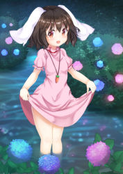 Rule 34 | 1girl, animal ears, black hair, blush, carrot, carrot necklace, clothes lift, dress, dress lift, floppy ears, flower, hydrangea, inaba tewi, jewelry, lifting own clothes, looking at viewer, necklace, outdoors, pink dress, puffy short sleeves, puffy sleeves, rabbit ears, red eyes, short hair, short sleeves, smile, solo, standing, touhou, unushi, wading, water