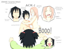 Rule 34 | 1boy, 2girls, aged up, angry, ass, ass grab, black hair, caught, closed eyes, clothed female nude male, couple, english text, girl on top, hair bobbles, hair ornament, hand on another&#039;s shoulder, haruno sakura, hetero, if they mated, multiple girls, naruto, naruto (series), nude, o o, pink hair, polly-chan, sequential, sex, short hair, short twintails, spiked hair, straddling, sweat, text focus, twintails, uchiha sasuke, upright straddle, walk-in