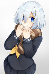 Rule 34 | 1girl, alternate costume, black sailor collar, black serafuku, black shirt, black skirt, blue eyes, blush, breath, breathing on hands, brown scarf, commentary request, dark background, gradient background, grey background, hair ornament, hair over one eye, hairclip, hamakaze (kancolle), highres, kantai collection, long sleeves, looking at viewer, neckerchief, open mouth, parted lips, plaid, plaid scarf, pleated skirt, sailor collar, sakikumo (sakumo), scarf, school uniform, serafuku, shirt, short hair, silver hair, simple background, skirt, solo, yellow neckerchief