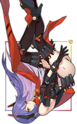 Rule 34 | 1girl, android, bare shoulders, elbow gloves, gloves, high heels, highres, long hair, nintendo, orange eyes, poppi (xenoblade), poppi qtpi (xenoblade), purple hair, smile, solo, tabard, thighhighs, upside-down, xenoblade chronicles (series), xenoblade chronicles 2, zu-m (zumcunix)