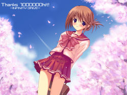 Rule 34 | 00s, 1girl, arms behind back, bag, blue eyes, blue sky, blush, bow, breasts, briefcase, brown hair, cherry blossoms, circle name, cloud, contrail, cowboy shot, day, duplicate, female focus, folded ponytail, from below, grin, hair between eyes, hair ornament, happy, holding, komaki manaka, kyogoku shin, long sleeves, looking at viewer, milestone celebration, miniskirt, outdoors, petals, pleated skirt, pocket, red skirt, school bag, school uniform, serafuku, short hair, skirt, sky, small breasts, smile, solo, standing, thank you, to heart (series), to heart 2, tree