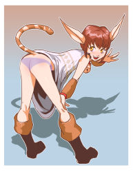 Rule 34 | 1girl, animal ears, arm warmers, ass, bell, neck bell, bent over, blush, boots, brown hair, butt crack, cat ears, cat tail, collar, daga, dark cloud, dress, flat chest, hand on own knee, knee boots, level-5, panties, pointy ears, short hair, solo, tail, underwear, xiao (dark cloud), yellow eyes
