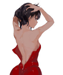 Rule 34 | 1girl, absurdres, adjusting hair, arms up, back, backless dress, backless outfit, bare arms, bare back, bare shoulders, black hair, brown eyes, dress, female focus, highres, holding, holding own hair, konbu wakame, looking at viewer, looking back, md5 mismatch, nape, neck, open mouth, original, red dress, resolution mismatch, short dress, short hair, simple background, solo, source smaller, strapless, strapless dress, unzipped, white background