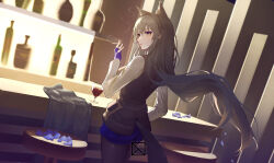 Rule 34 | 1girl, absurdres, alcohol, animal ear fluff, animal ears, arknights, artist name, backlighting, bar (place), black hair, black pantyhose, black vest, blue gloves, blue shorts, breasts, cowboy shot, cup, drinking glass, extra ears, fingerless gloves, from behind, gloves, highres, indoors, large breasts, long hair, long sleeves, looking at viewer, looking back, njnywy, pantyhose, parted lips, shirt, short shorts, shorts, smile, smoke, smoking, solo, tail, texas (arknights), texas the omertosa (arknights), very long hair, vest, white shirt, wine, wine glass, wolf ears, wolf girl, wolf tail, yellow eyes