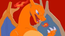 Rule 34 | blue eyes, charizard, claws, collarbone, creatures (company), dragon, fangs, fire, flame-tipped tail, game freak, gen 1 pokemon, hand up, highres, mo~zu, nintendo, no humans, open mouth, pokemon, pokemon (creature), red background, simple background, solo, tongue