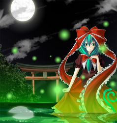 Rule 34 | 1girl, beeno, bow, cloud, dress, female focus, frills, front ponytail, green eyes, green hair, hair bow, hair ornament, hair ribbon, in water, kagiyama hina, light particles, light smile, long hair, looking at viewer, matching hair/eyes, moon, night, partially submerged, red dress, reflection, ribbon, skirt hold, sky, solo, touhou, wading, water