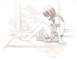 Rule 34 | 1girl, barefoot, feet, monochrome, original, school uniform, short hair, sketch, solo, traditional media, yoshitomi akihito