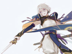 Rule 34 | 1boy, armor, bishounen, black gloves, blue eyes, bridal gauntlets, chinese armor, chinese clothes, cowboy shot, detached sleeves, fate/grand order, fate (series), gloves, gold trim, grey background, grey hair, hair between eyes, highres, holding, holding sword, holding weapon, looking away, magatama, male focus, no mask, pants, parted lips, prince of lan ling (fate), shirt, short hair, simple background, solo, sword, tassel, weapon, white pants, zeloco