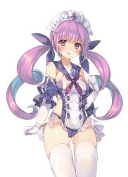 Rule 34 | 1girl, ahoge, azur lane, blue hair, blush, breasts, colored inner hair, cowboy shot, elbow gloves, gloves, gluteal fold, hair ribbon, hololive, long hair, looking at viewer, medium breasts, minato aqua, multicolored hair, open mouth, purple eyes, purple hair, rento (rukeai), ribbon, sideboob, simple background, solo, sweatdrop, thighhighs, twintails, two-tone hair, virtual youtuber, white background, white gloves, white thighhighs