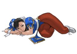 Rule 34 | 1girl, black hair, blue leotard, bun cover, capcom, china dress, chinese clothes, chun-li, closed mouth, commentary, double bun, dress, hair bun, highres, leotard, looking at viewer, lying, on side, pantyhose, shoes, simple background, solo, street fighter, symbol-only commentary, taiyou, white background