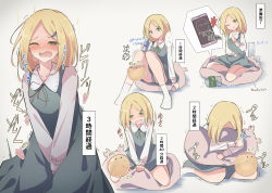 Rule 34 | 1girl, :t, between legs, bladder, blonde hair, blush, bottle, breath, bright pupils, brown ribbon, cellphone, clenched hands, closed mouth, collarbone, collared shirt, cowboy shot, dress, female focus, flat chest, green dress, green eyes, grey background, hair ornament, hairclip, half-closed eye, hand between legs, have to pee, heart, heavy breathing, highres, japanese text, knees together feet apart, knees up, long hair, long sleeves, looking down, neck ribbon, nose blush, hugging object, one eye closed, open mouth, original, own hands together, panties, pantyshot, parted bangs, pee, phone, pillow, pillow hug, pinafore dress, ribbon, saliva, shirt, simple background, sitting, sleeveless, sleeveless dress, smartphone, socks, speech bubble, spoken heart, standing, sweat, tears, teeth, translation request, trembling, underwear, upskirt, urine meter, v arms, wariza, watakarashi, water bottle, wavy mouth, white legwear, white panties, white pupils, white shirt, wince