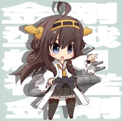 Rule 34 | 10s, 1girl, ahoge, bad id, bad pixiv id, blue eyes, braid, brown hair, chestnut mouth, chibi, detached sleeves, hairband, japanese clothes, kakihito shirazu, kantai collection, kongou (kancolle), machinery, nontraditional miko, open mouth, personification, ribbon, solo, thighhighs, translation request, turret, wide sleeves