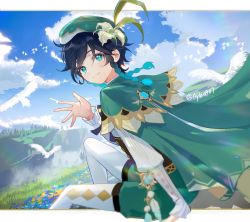Rule 34 | 1boy, absurdres, aqua eyes, aylar, beret, bird, black hair, blue hair, braid, cape, collared cape, corset, flower, frilled sleeves, frills, genshin impact, gradient hair, green cape, green hat, green shorts, hat, hat flower, highres, juliet sleeves, long sleeves, looking at viewer, male focus, multicolored hair, outdoors, pantyhose, puffy sleeves, shirt, short hair with long locks, shorts, sitting, sky, smile, solo, twin braids, venti (genshin impact), white pantyhose, white shirt