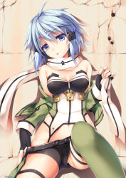 Rule 34 | 10s, 1girl, against wall, ahoge, belt, black gloves, blue eyes, blue hair, breasts, bullet hole, clothes down, fingerless gloves, gloves, green legwear, groin, jacket, looking at viewer, matching hair/eyes, navel, off shoulder, open mouth, scarf, short shorts, shorts, silhouette, sinon, sitting, solo, sousouman, sword art online, thigh strap