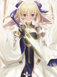 Rule 34 | 1girl, ahoge, artoria caster (fate), artoria caster (third ascension) (fate), artoria pendragon (fate), black gloves, blonde hair, blue bow, bow, breasts, cleavage cutout, closed mouth, clothing cutout, commentary request, dress, elbow gloves, excalibur (fate/stay night), facial mark, fate/grand order, fate (series), floating hair, forehead mark, gloves, glowing, glowing sword, glowing weapon, green eyes, hair bow, highres, holding, holding sword, holding weapon, long hair, looking at viewer, medium breasts, neko daruma, parted bangs, sidelocks, smile, solo, sword, twintails, weapon, white dress, wide sleeves